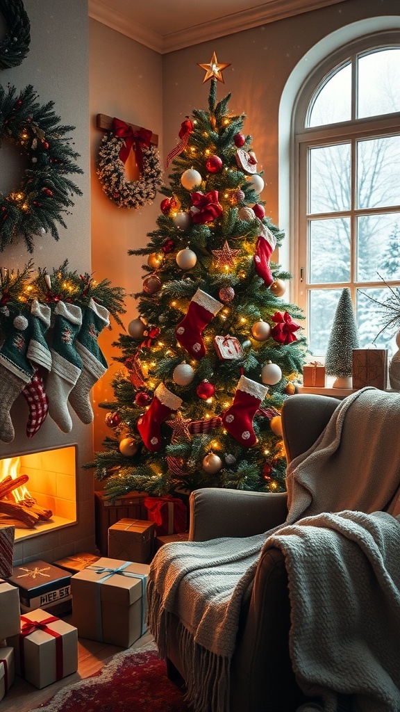 A festive Christmas scene with a decorated tree, gifts, and a fireplace, evoking holiday cheer.